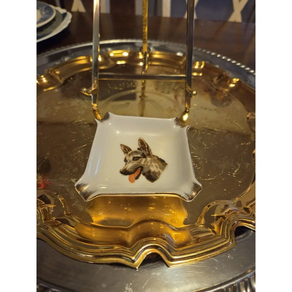 German Shepherd Picture Ashtray White Ceramic Gold Accents Retro Vintage